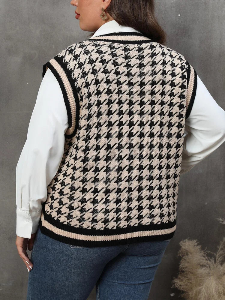 GIBSIE Plus Size Vintage Houndstooth Knitted Sweater Vest for Women – 2024 Autumn/Winter Loose V-Neck Sleeveless Pullover