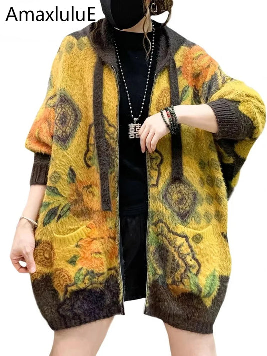Amax LuluE 2024 Fall Plus Size Floral Knit Cardigan – Hooded Vintage-Style Printed Sweater for Women