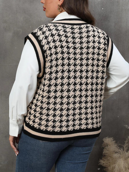 GIBSIE Plus Size Vintage Houndstooth Knitted Sweater Vest for Women – 2024 Autumn/Winter Loose V-Neck Sleeveless Pullover