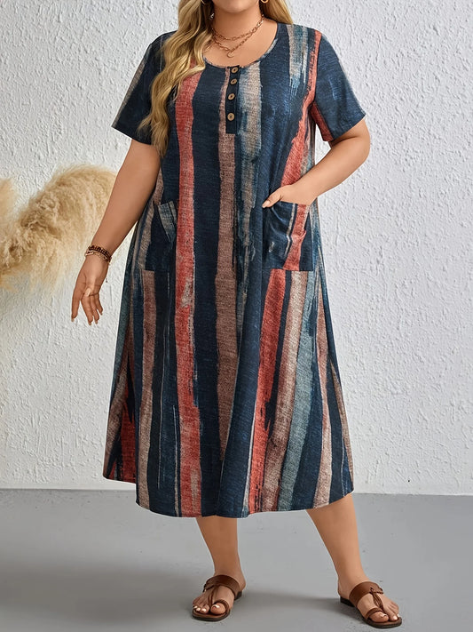 Plus-Size Women’s Multicolored Sleeveless Printed Dress – Casual Round Neck for Spring, Summer, and Fall