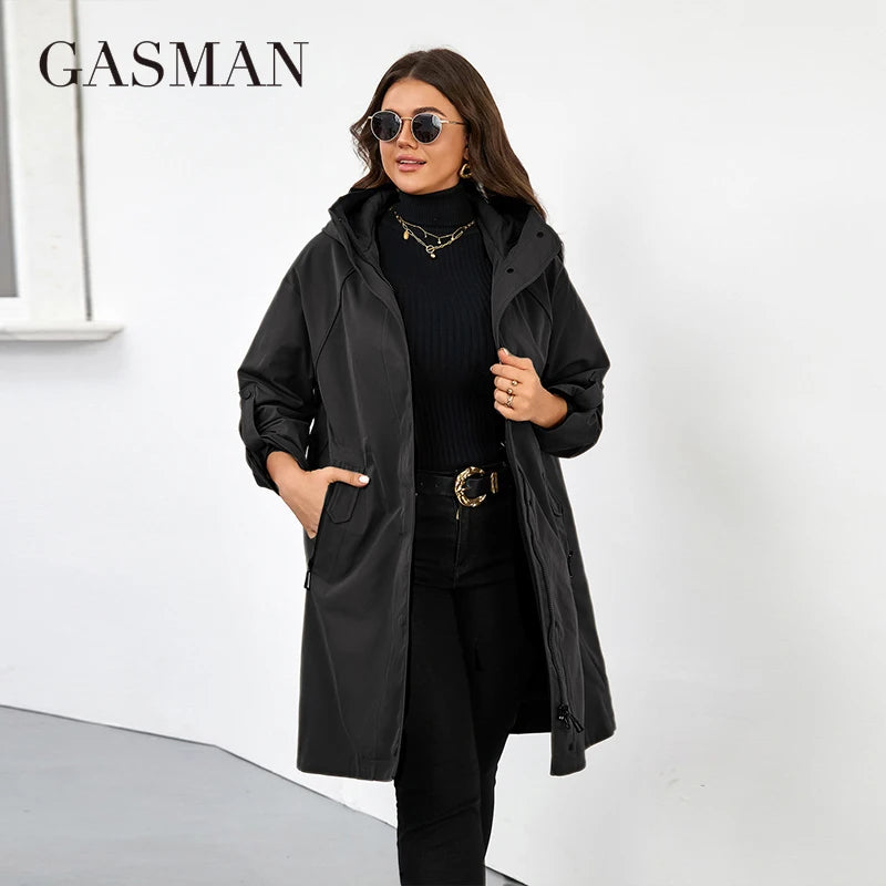 GASMAN Women's Long Hooded Trench Coat – Spring/Autumn Windbreaker with Stylish Split Design