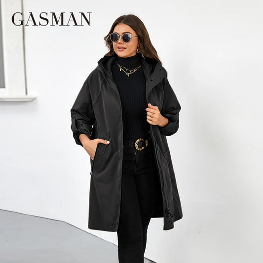 GASMAN Women's Long Hooded Trench Coat – Spring/Autumn Windbreaker with Stylish Split Design