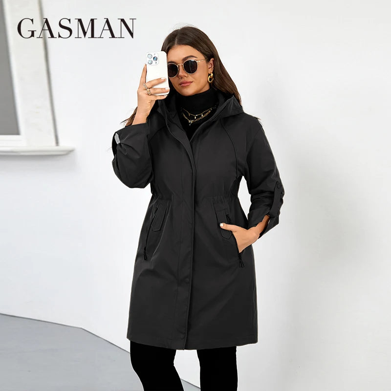 GASMAN Women's Long Hooded Trench Coat – Spring/Autumn Windbreaker with Stylish Split Design