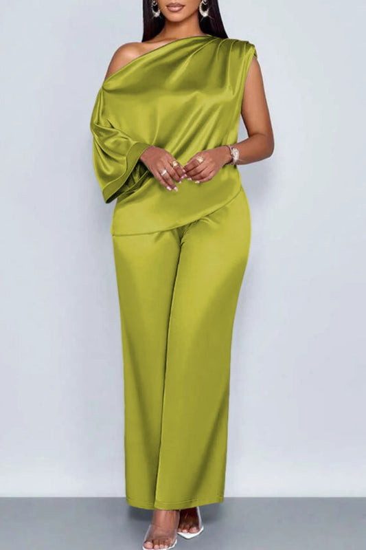 Plus Size Green Satin Two-Piece Pant Set – Elegant Business Casual with Oblique Collar & Pockets